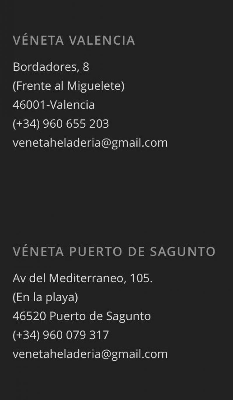 Datos de contacto de Véneta, tanto en Valencia como en Port de Sagunt.