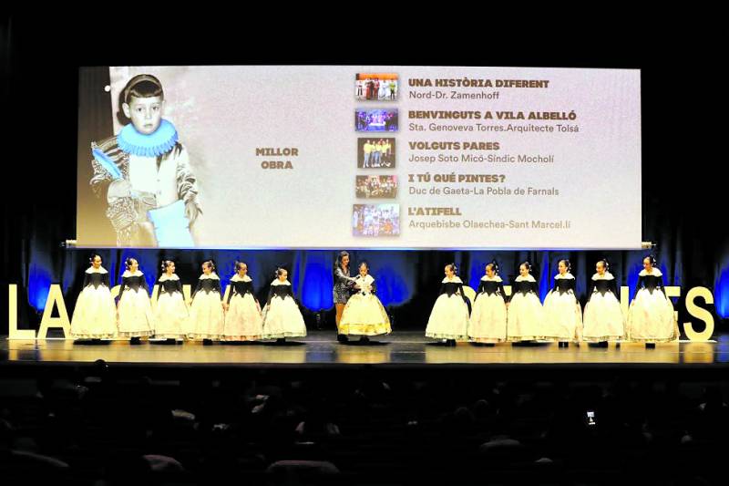 a Fallera Mayor Infantil de València y su Corte de Honor presidiendo la Gala Infantil de la Cultura. /Armando romero