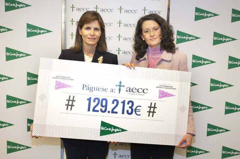 Ester Uriol, Directora de Comunicación Corporativa de El Corte Inglés entrega el cheque a Inés Entrecanales, Vicepresidenta de la AECC